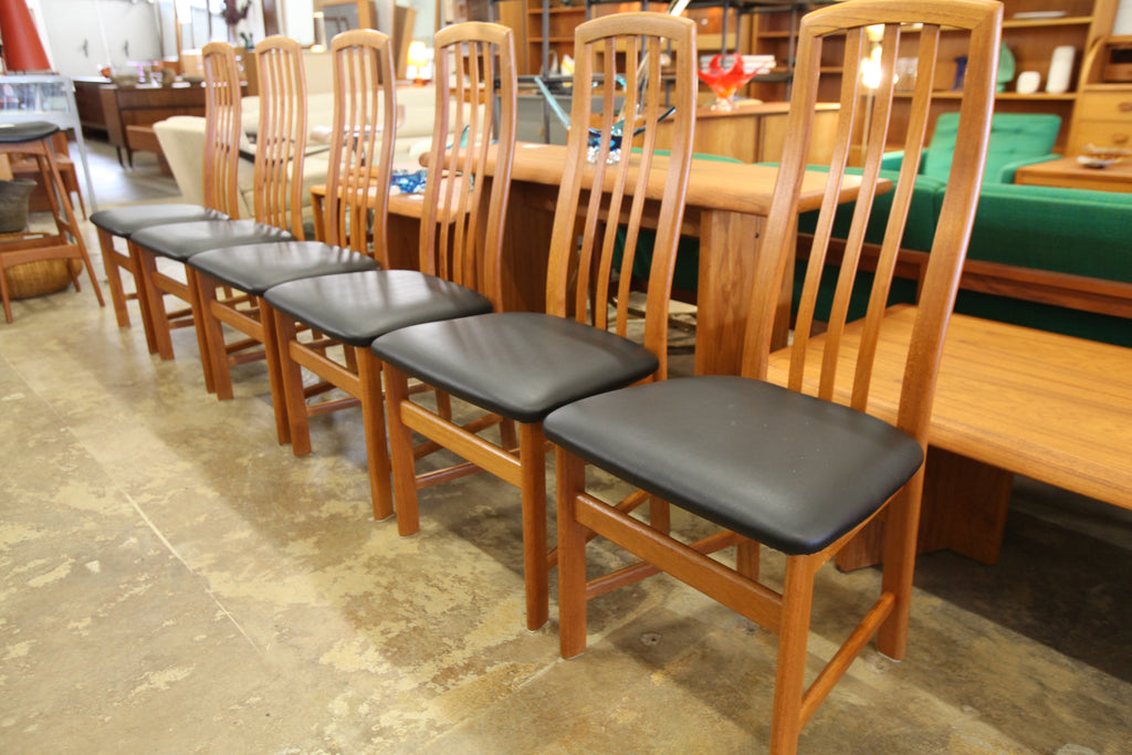 Set of 6 Vintage Teak High Back Dining Chairs w/ New Upholstery