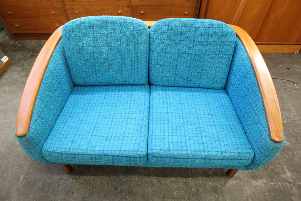 Vintage R. Huber Teak Framed Love Seat w/ Original Fabric (57"W x 37"D x 30"H)