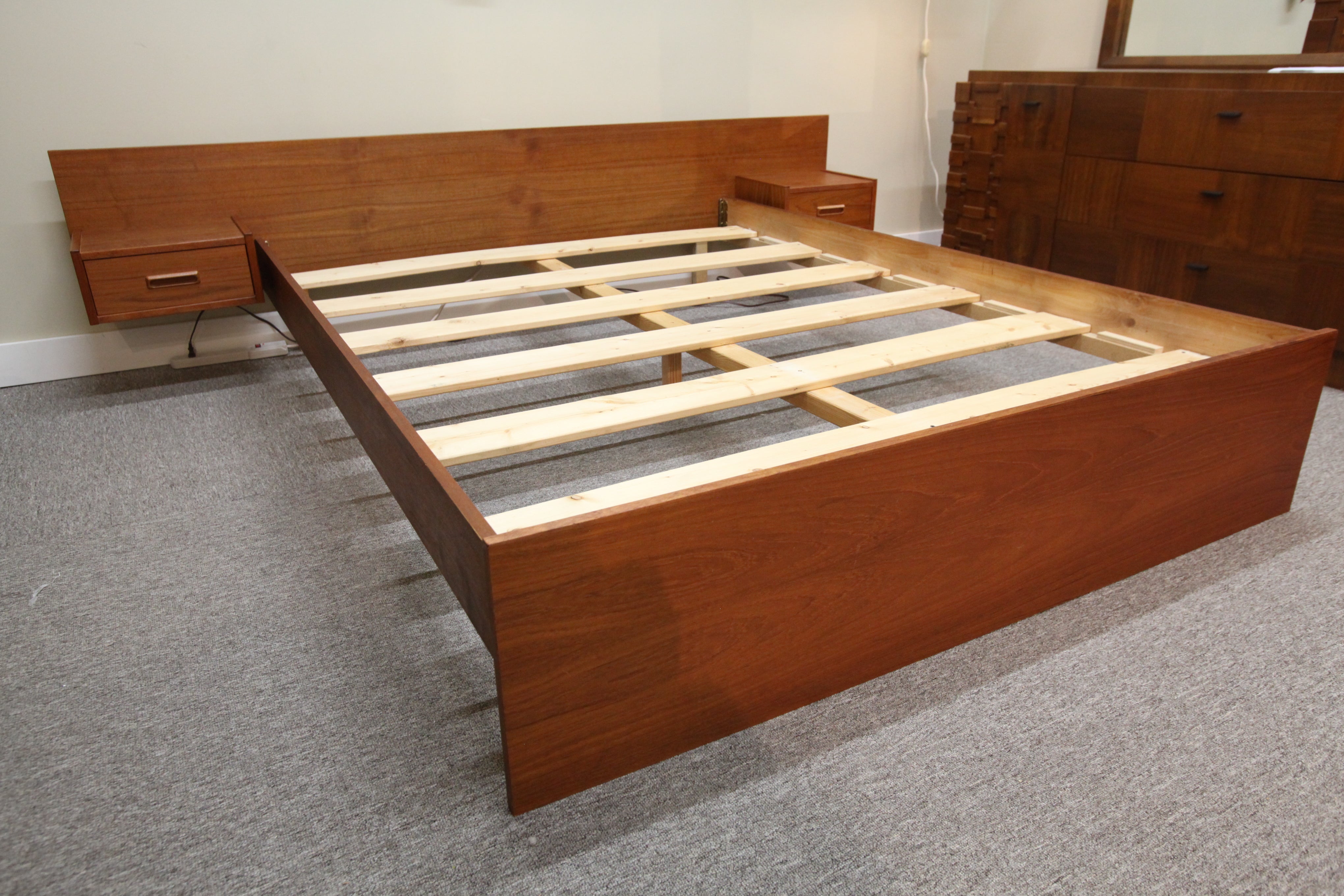 Vintage Teak Queen Bed w / Floating Night Stands (Headboard 96"W- Bed 82"L)