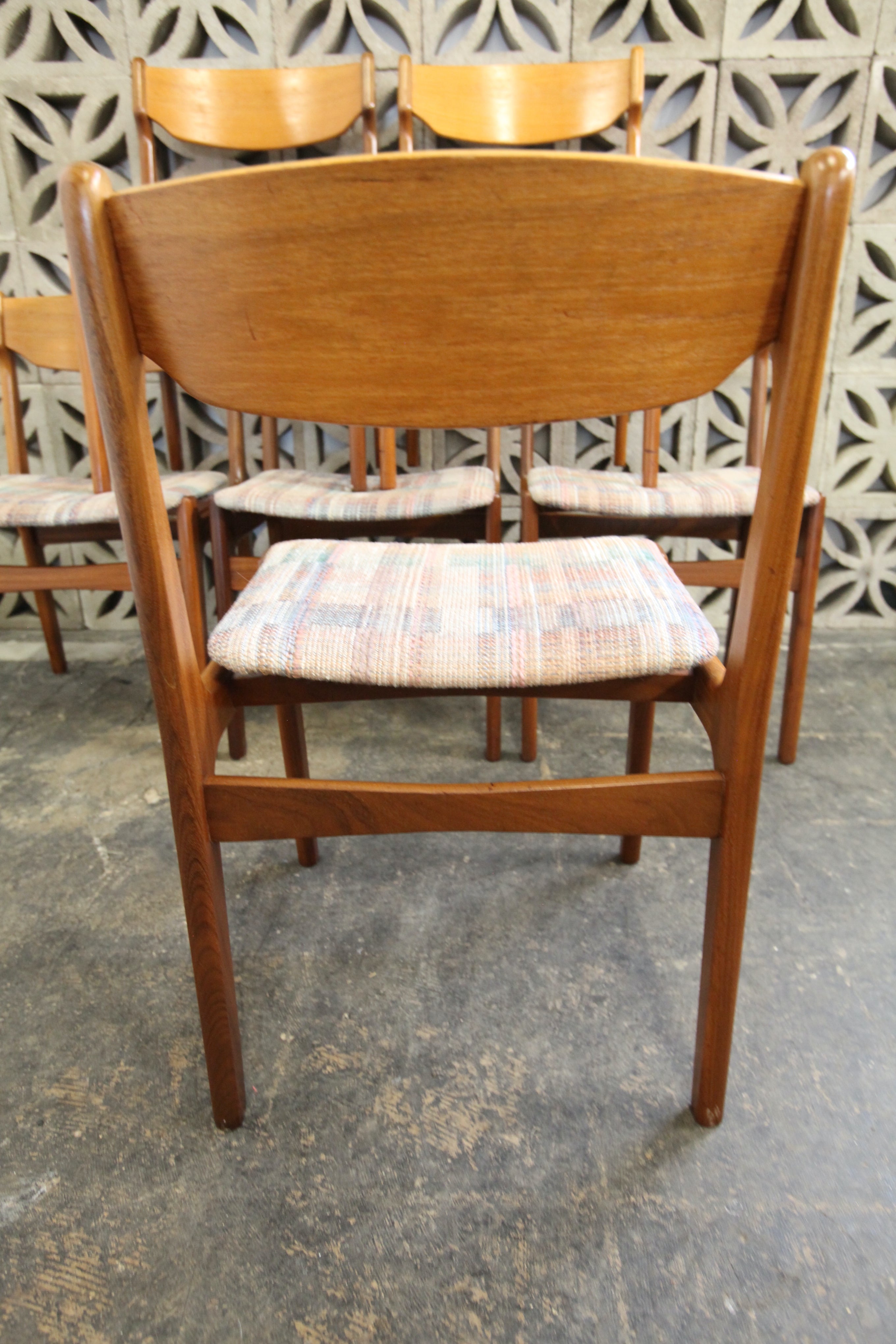 Set of 6 Vintage Danish Teak Wood Back "Floating Seat" Style Dining Chairs