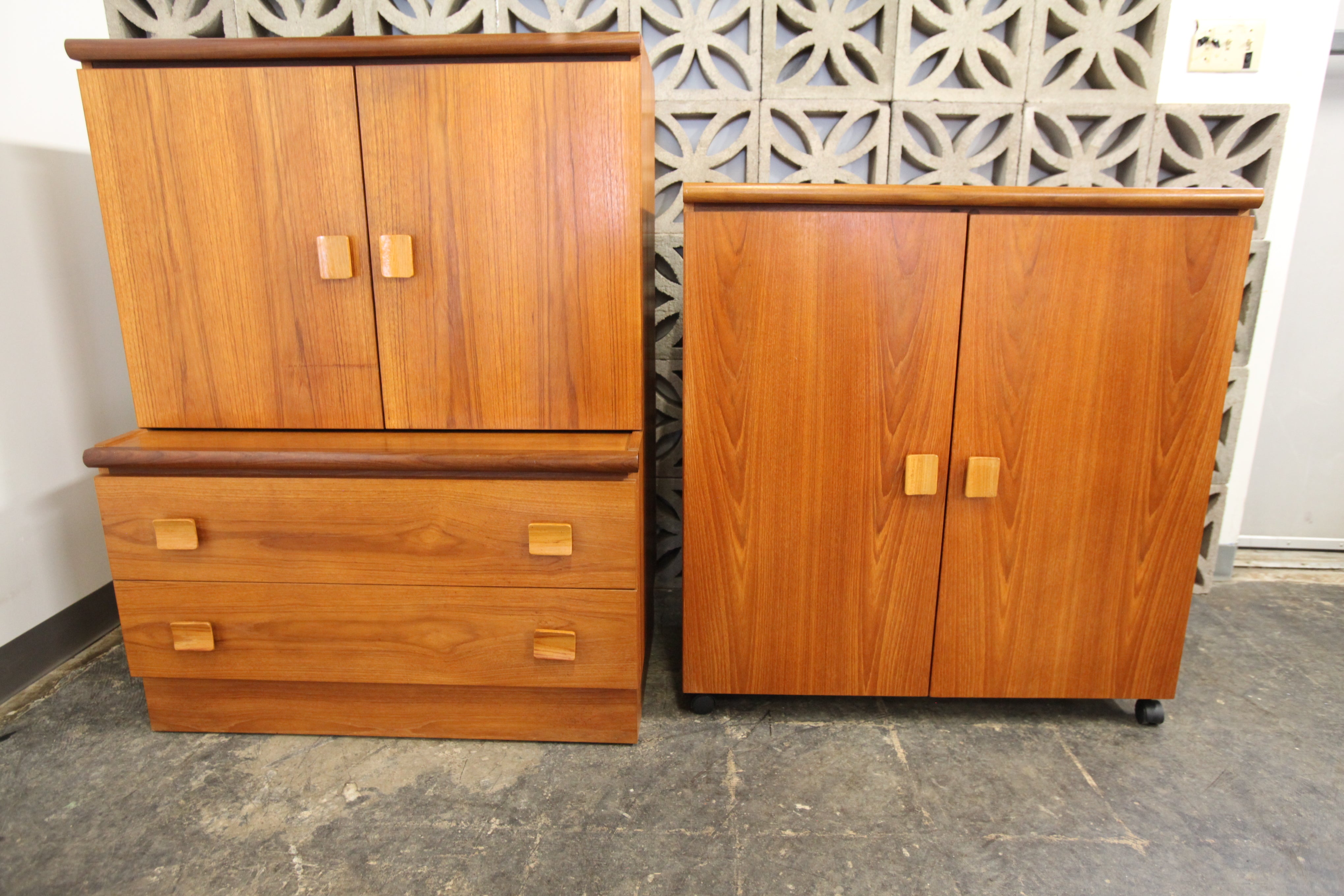 Vintage 2 Door Teak Cabinet by RS Associates on Castors (36"W x 17"D x 38.25"H)