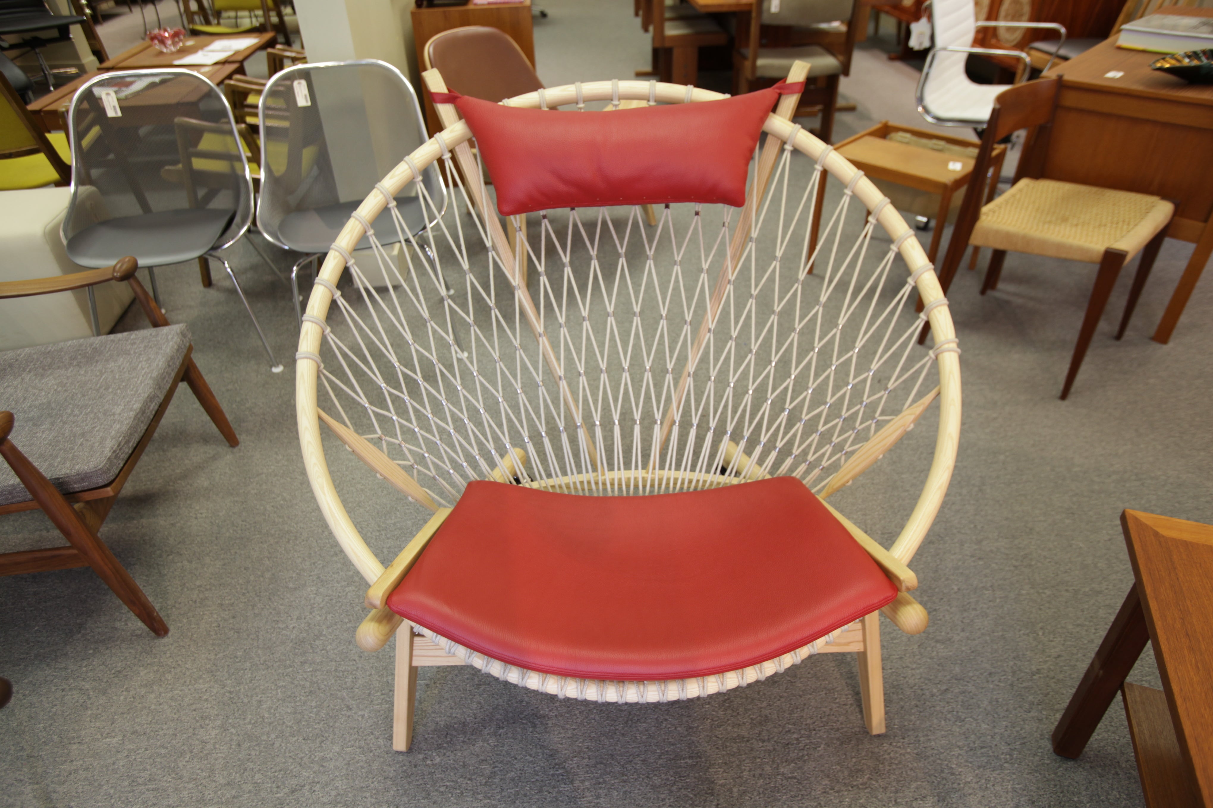 High Quality Hans Wegner Circle Chair Replica (Red Leather) (45"W x 38"H x 36"D)