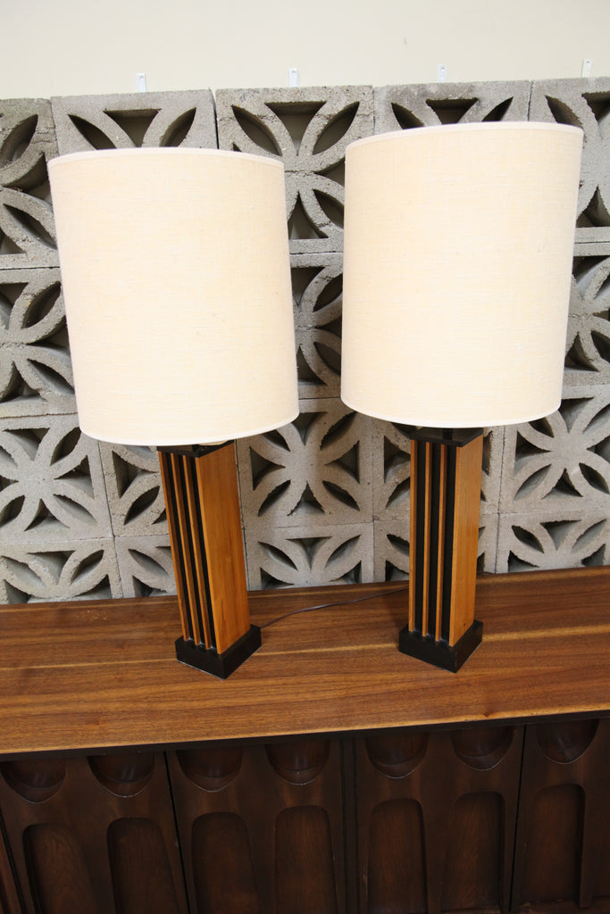 Set of 2 Vintage Teak lamps (34.5"H x 14" Dia)