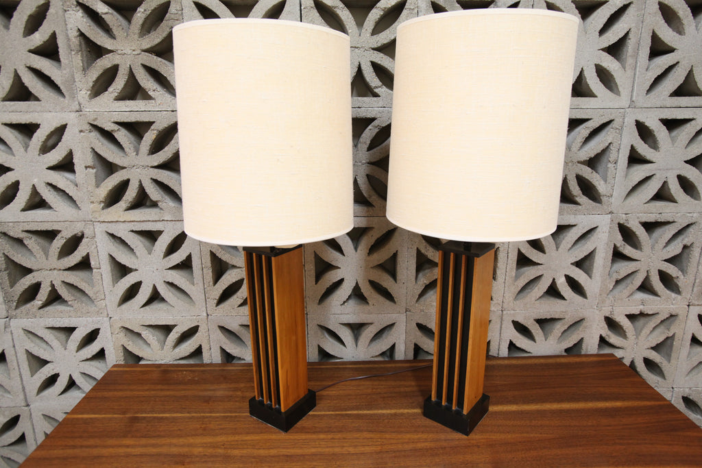 Set of 2 Vintage Teak lamps (34.5"H x 14" Dia)