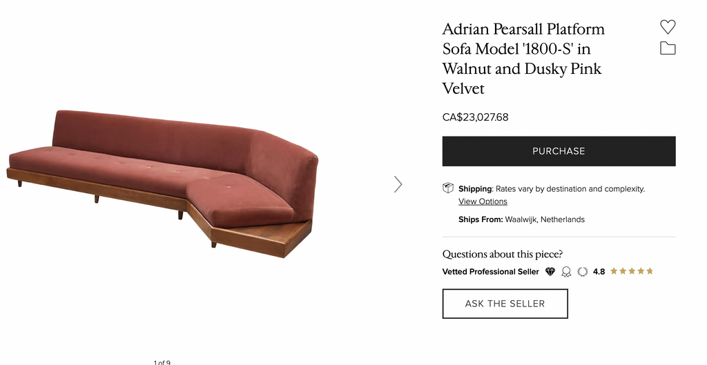 Very Rare Adrian Pearsall 60's 1800-s Sofa w/ Original Matching Walnut Sofa Side Table